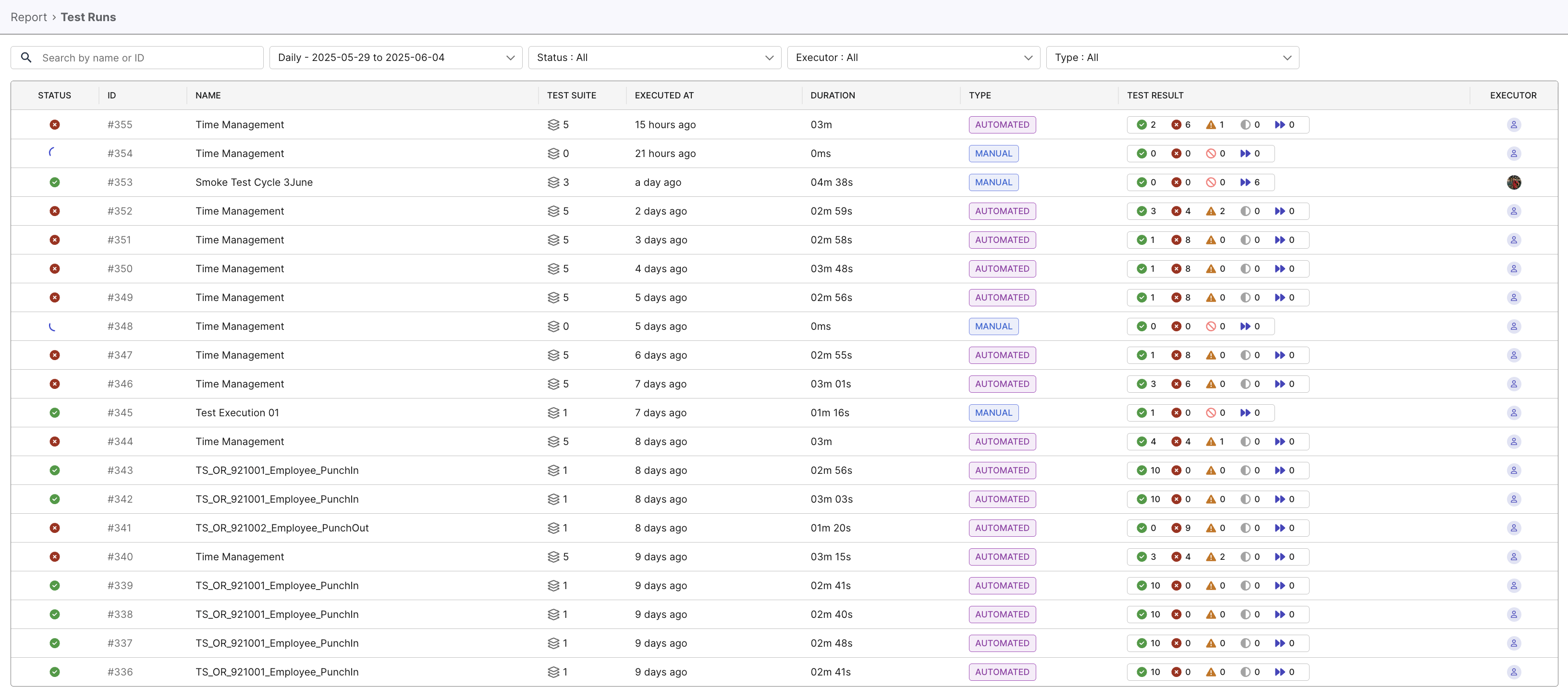 The Test Run list in Katalon TestOps.